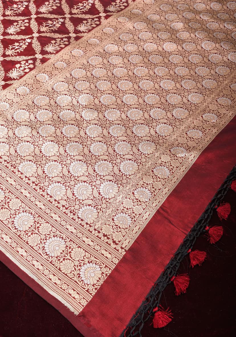 Brown Exquisite Alfi Florals Jaal Katan Silk saree with Zari border | SILK MARK CERTIFIED view 3