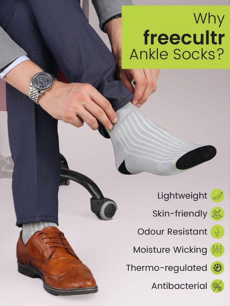 Freecultr Ankle Socks | Breathable Bamboo Fibre | Odour Resistant | Thermo Regulated | Moisture Wicking | Anti-Slip Y-Heel | Soft & Comfortable Fuzz Peach, Dark Grey, Black view 5