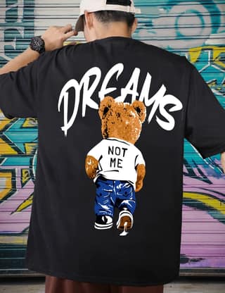 SCOTT FINCHER Men's Cotton T-Shirt with Teddy Bear Graphic and "Dreams Not Me" Wording : AA(ARN)BLACK_270