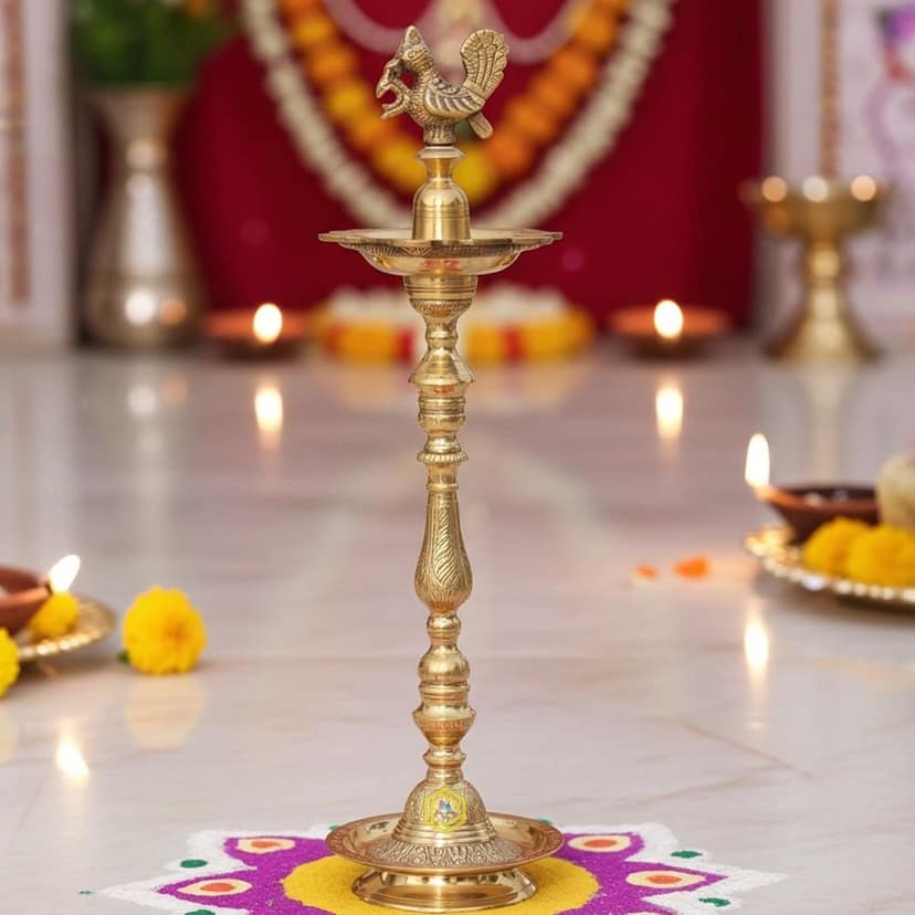 Brass Table Decor Mahabharat Oil Lamp, Deepak - Religious Deepak for Spiritual Space, Height : 28.5 Inch (FMAS686 F)