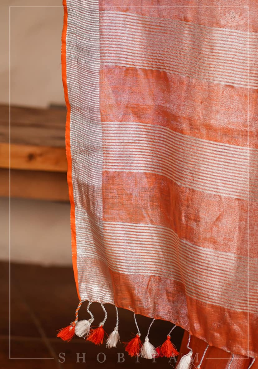 Burnt Orange and Silver Tissue by Linen Saree view 2