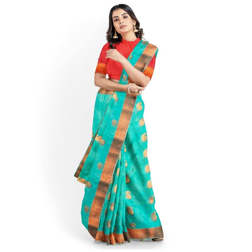 Seafoam green printed pure soft silk saree with golden zari border view 2