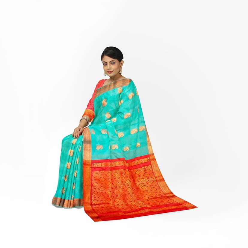 Seafoam green printed pure soft silk saree with golden zari border view 3