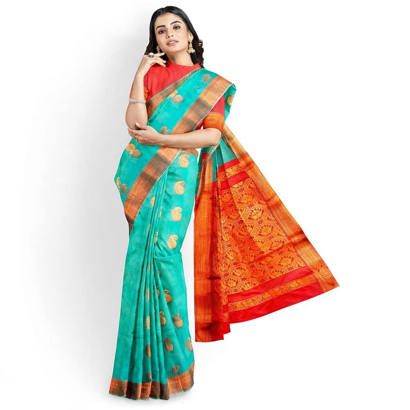Seafoam green printed pure soft silk saree with golden zari border view 4