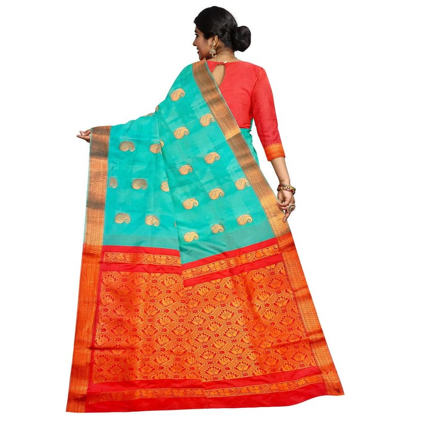 Seafoam green printed pure soft silk saree with golden zari border view 5
