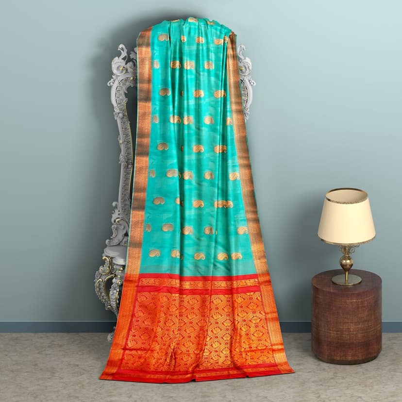 Seafoam green printed pure soft silk saree with golden zari border view 6