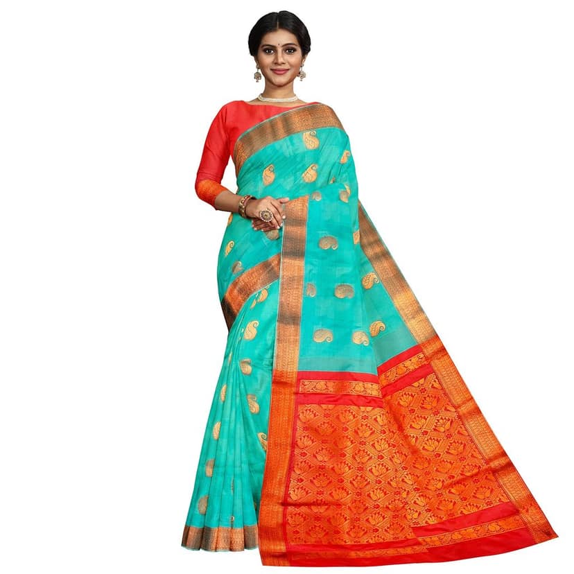 Seafoam green printed pure soft silk saree with golden zari border view 7