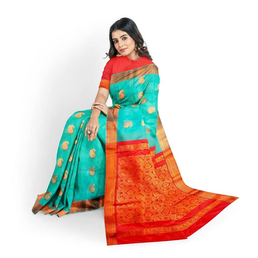 Seafoam green printed pure soft silk saree with golden zari border view 8