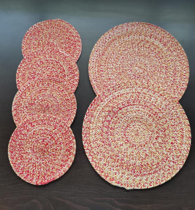 Round table mats cotton placemats (pack of 6) | Big Mats & Hotpads / trivets, Heat Resistant, Reversible Use (Red - Yellow) by Bulky Santa