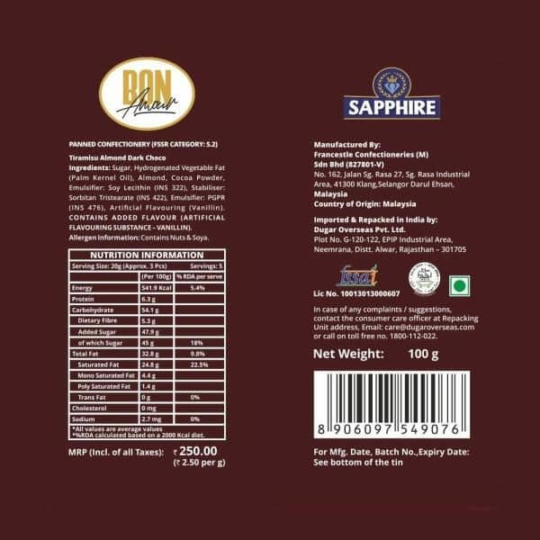 Bon Amour Smooth & Creamy Tiramisu Almonds Dark Chocolate, 100 gm view 2