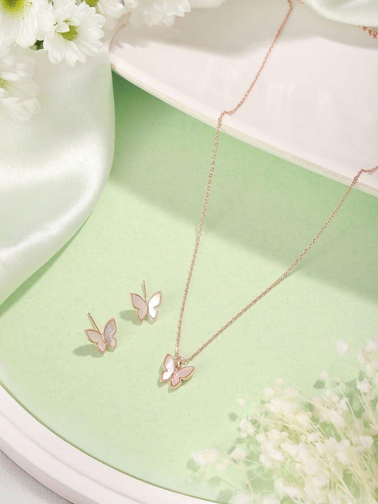 Anti-Tarnish Rose Gold Toned Faux Pearl Butterfly Minimal Chain Pendant Jewellery Set view 2