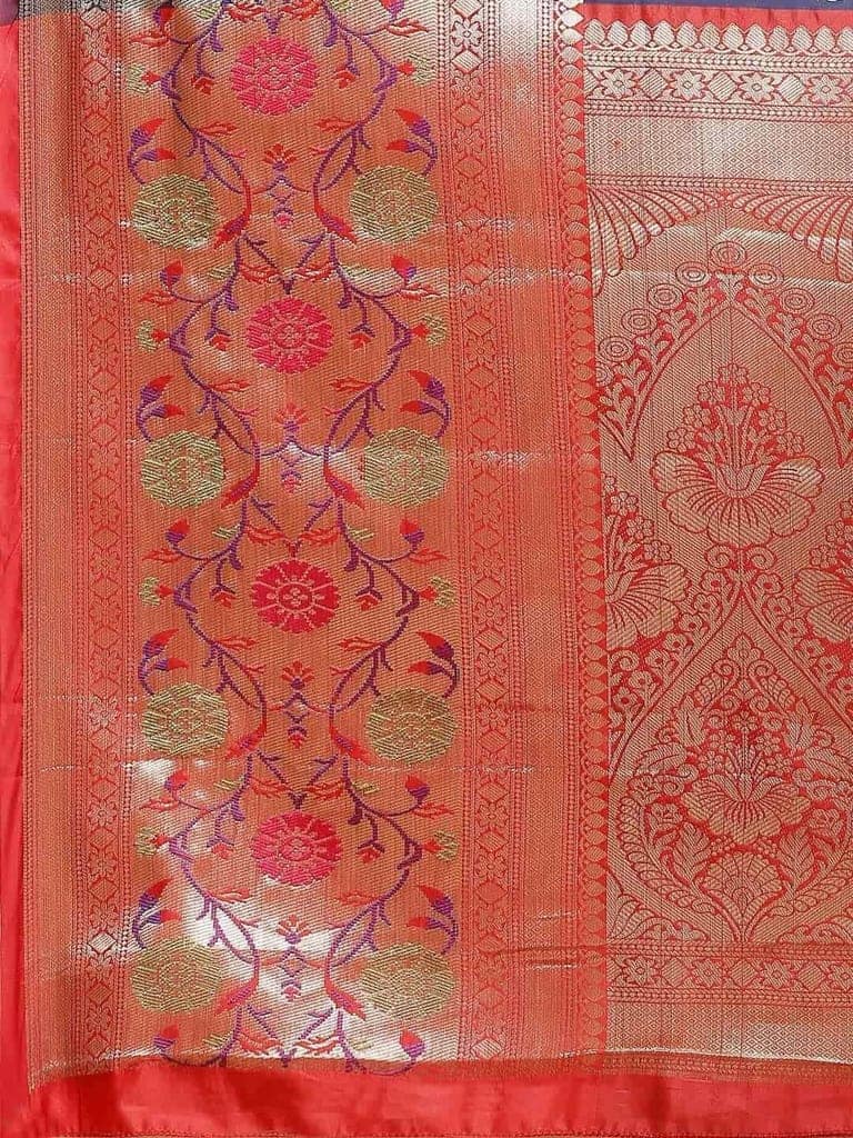 Women's Navy Blue Gold Toned Kanjiwaram Woven Silk Saree with unstiched blouse piece view 7