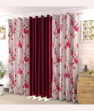 Kraftiq Homes Floral Semi-Transparent Eyelet Curtain 7 ft ( Pack of 3 ) - Red