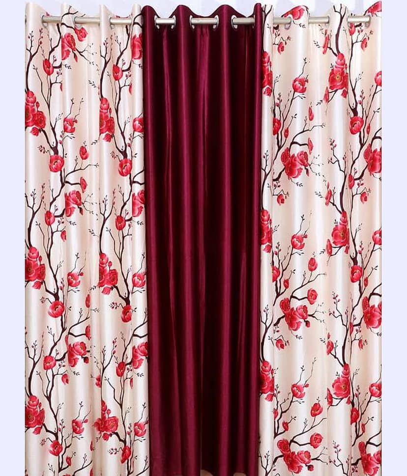 Kraftiq Homes Floral Semi-Transparent Eyelet Curtain 7 ft ( Pack of 3 ) - Red view 2