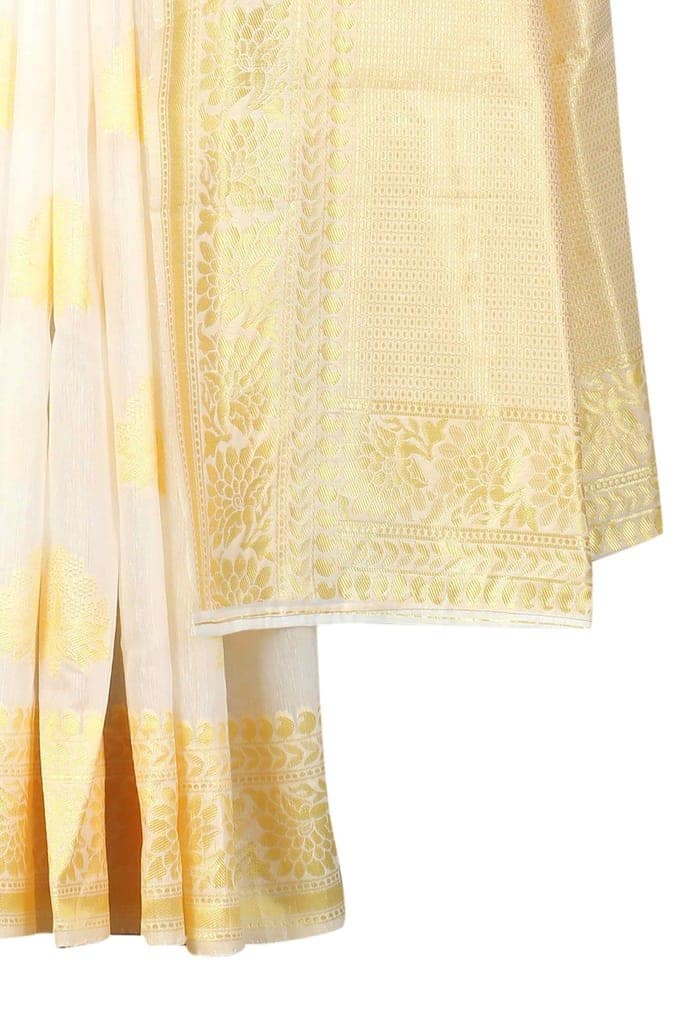 Women's Pearl White Kanjiwaram Art Silk Saree With Unstiched Blouse Piece view 6
