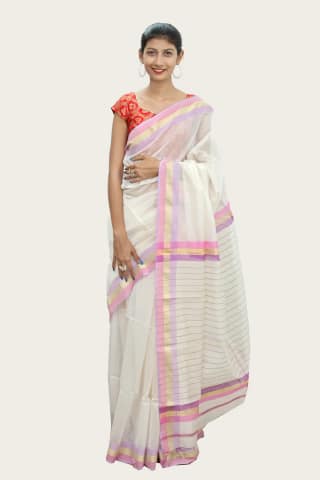 Epic Ivory Kosa Pallu White handloom Saree with Tassels