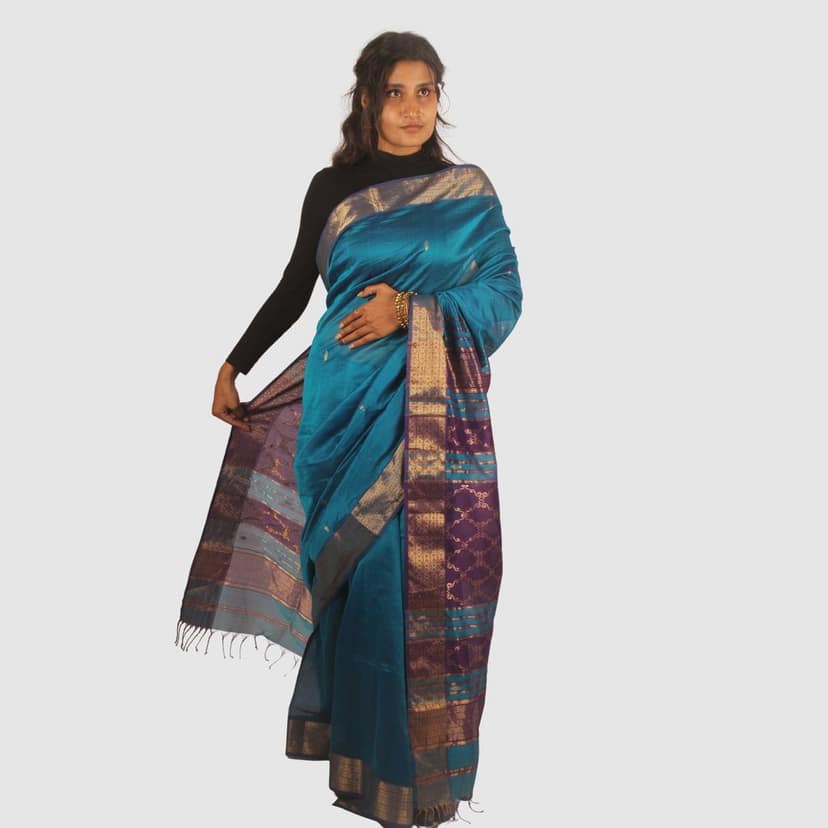 Regal Teal Maheshwari Silk Cotton Handloom Saree with Royal Purple Pallu and Gold Zari