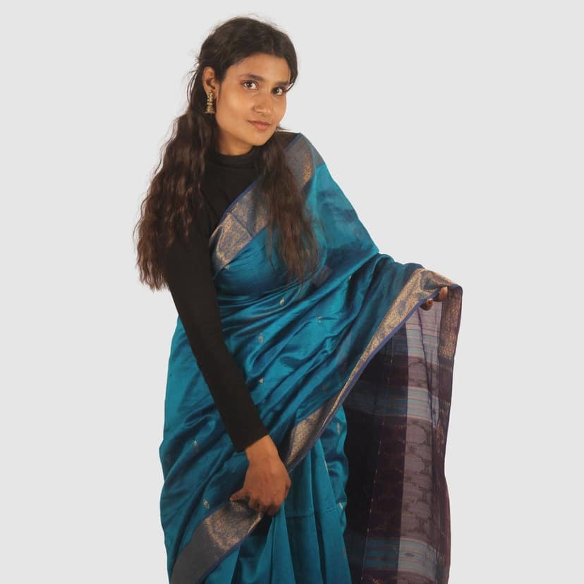 Regal Teal Maheshwari Silk Cotton Handloom Saree with Royal Purple Pallu and Gold Zari view 3