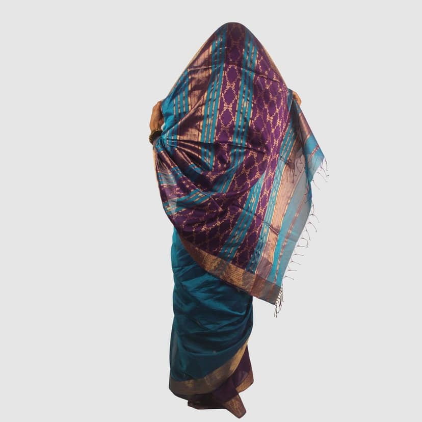 Regal Teal Maheshwari Silk Cotton Handloom Saree with Royal Purple Pallu and Gold Zari view 4