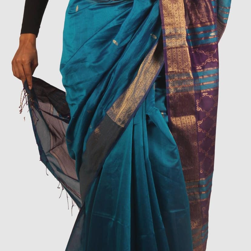 Regal Teal Maheshwari Silk Cotton Handloom Saree with Royal Purple Pallu and Gold Zari view 7