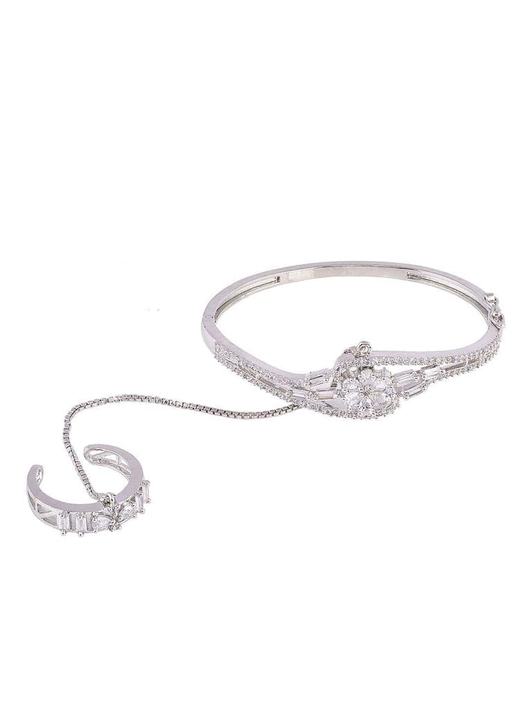 Women White & SilverToned Brass AD Handcrafted RhodiumPlated BangleStyle Bracelet view 3