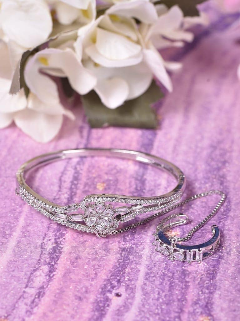 Women White & SilverToned Brass AD Handcrafted RhodiumPlated BangleStyle Bracelet view 4