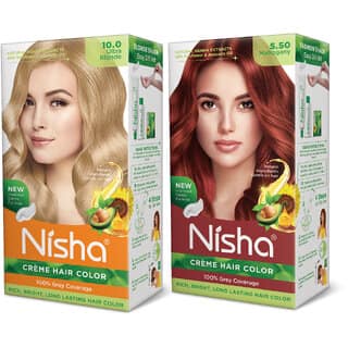 Nisha Cream Hair Color Rich Bright Long Lasting Hair Colouring For Ultra Soft Deep Shine Grey Coverage Conditioning With Natural Herbs , Ultra Blonde & Mahogany