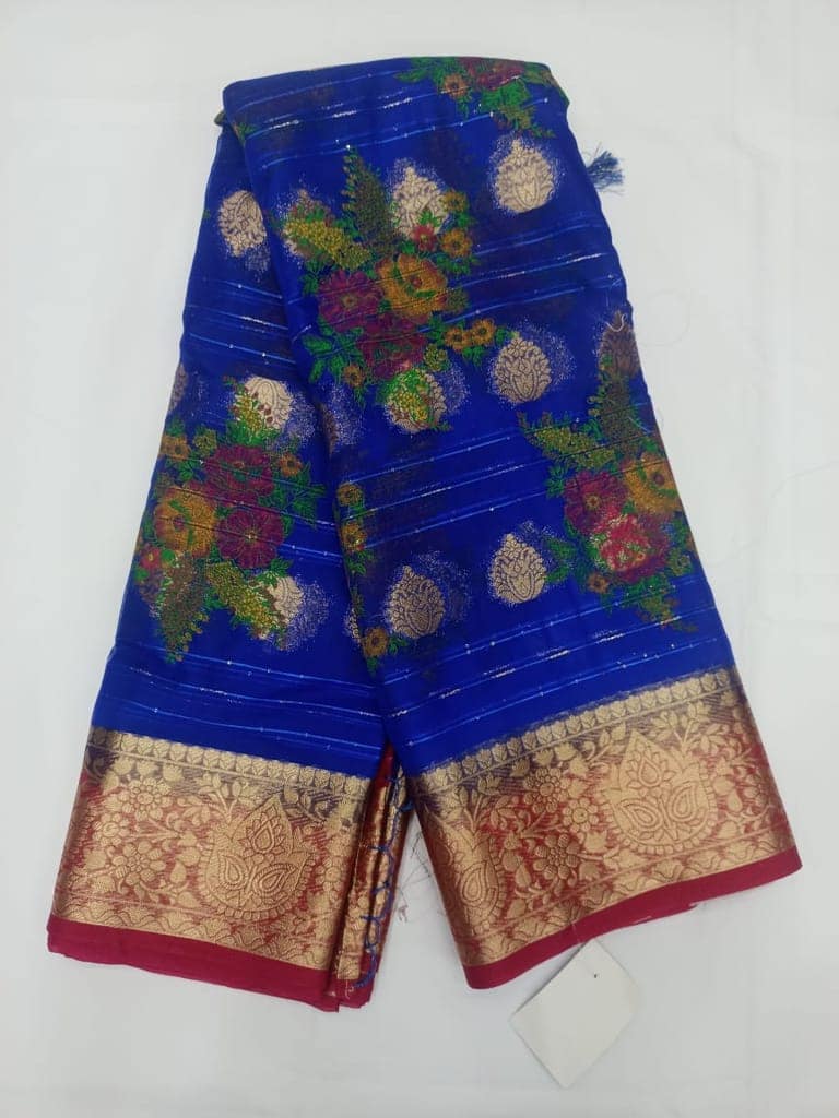 Blue Saree With Golden Zari Border And Floral Buttas view 3