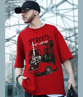 Leotude Men Cotton Blend Oversized Fit Printed T-Shirt ( Red )