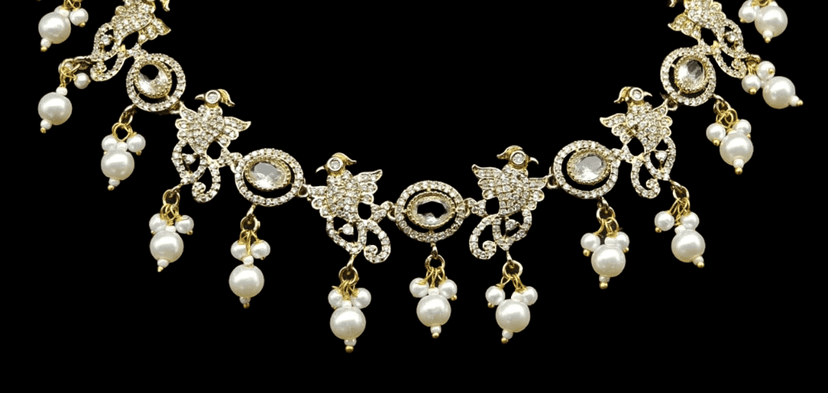 Gold-plated pearl and kundan choker necklace set with earrings view 3