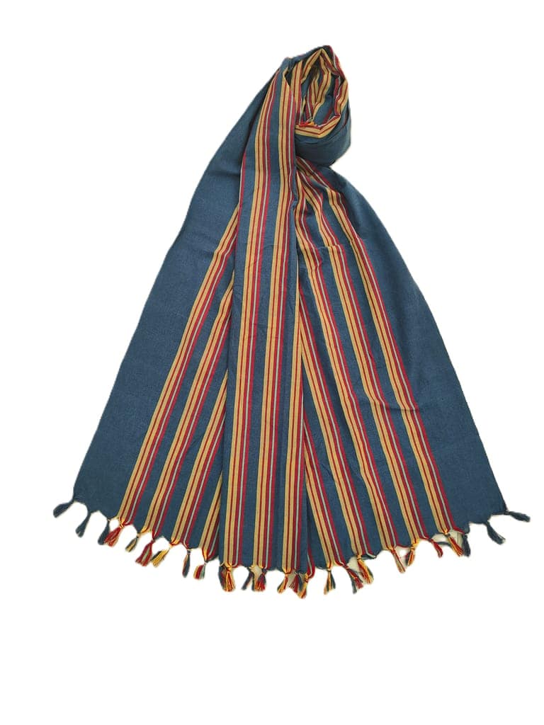 Dhaga Vishwas Ka Handloom Cotton Stole Blue With Red and Yellow Stripes view 2