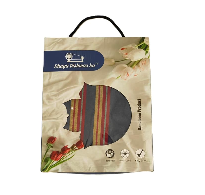 Dhaga Vishwas Ka Handloom Cotton Stole Blue With Red and Yellow Stripes view 3