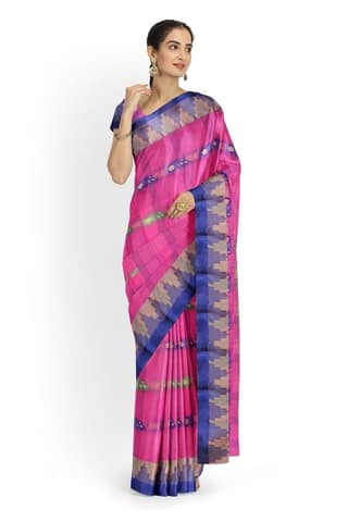 A Pink And Blue Tant Saree