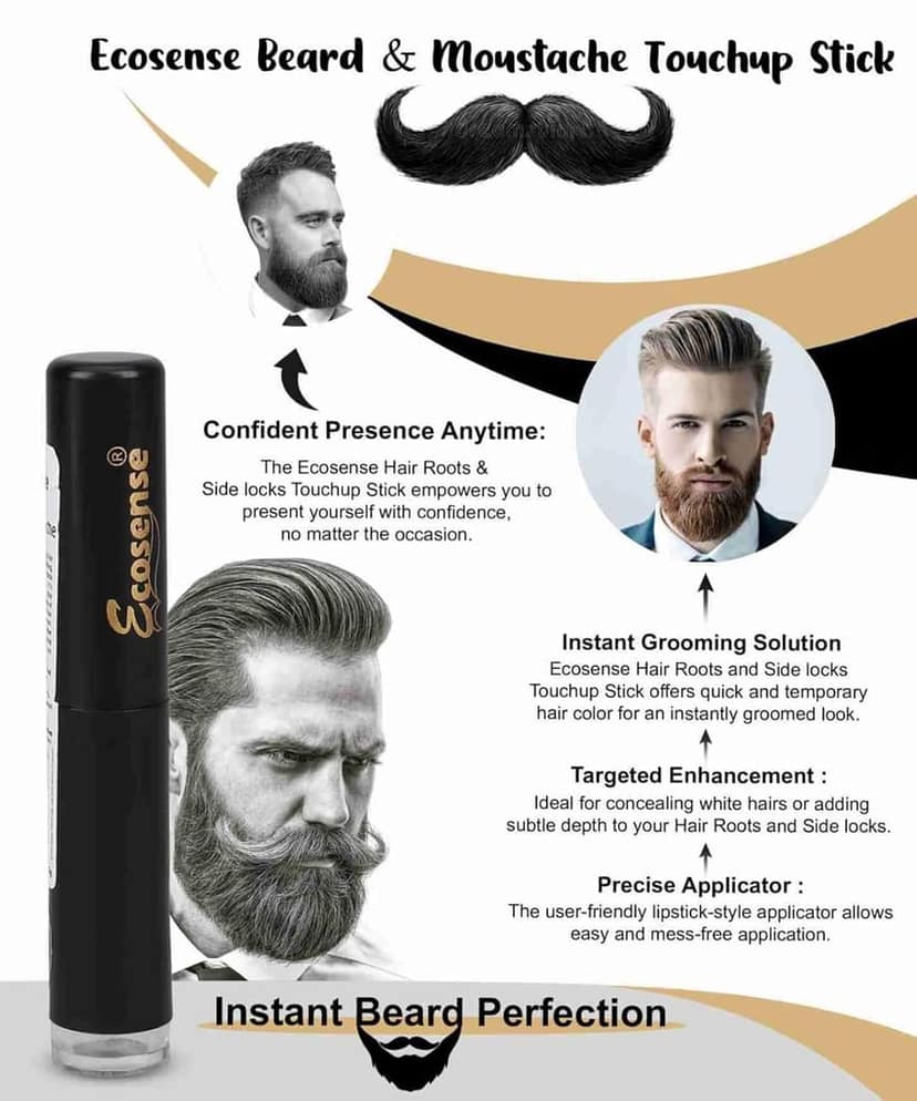 Ecosense Beard & Moustache Touchup Stick Natural Hair Color Instant Beard Perfection (3g) , Brown view 2