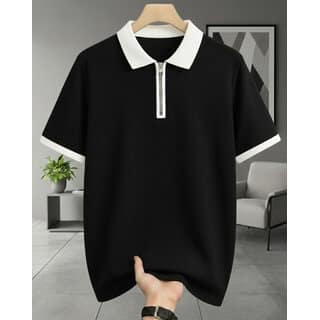 Ausk Mens Black, White Graphic Print Cotton Blend Polo Collar T-Shirt