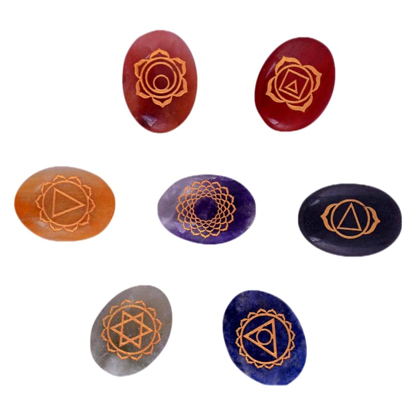 7 Chakra Stones Set Box Engraved, Spiritual Healing Meditation Plam Stones, Reiki 7 Chakra Crystal Set in Wooden Box(KI_03) by Krishna Impex