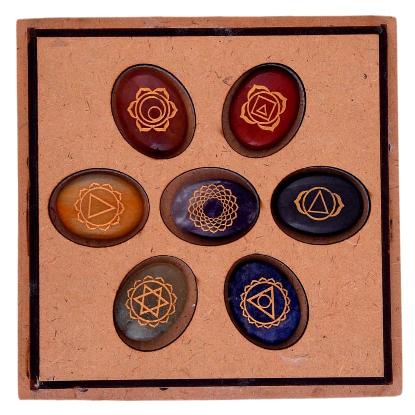 7 Chakra Stones Set Box Engraved, Spiritual Healing Meditation Plam Stones, Reiki 7 Chakra Crystal Set in Wooden Box(KI_03) by Krishna Impex view 2