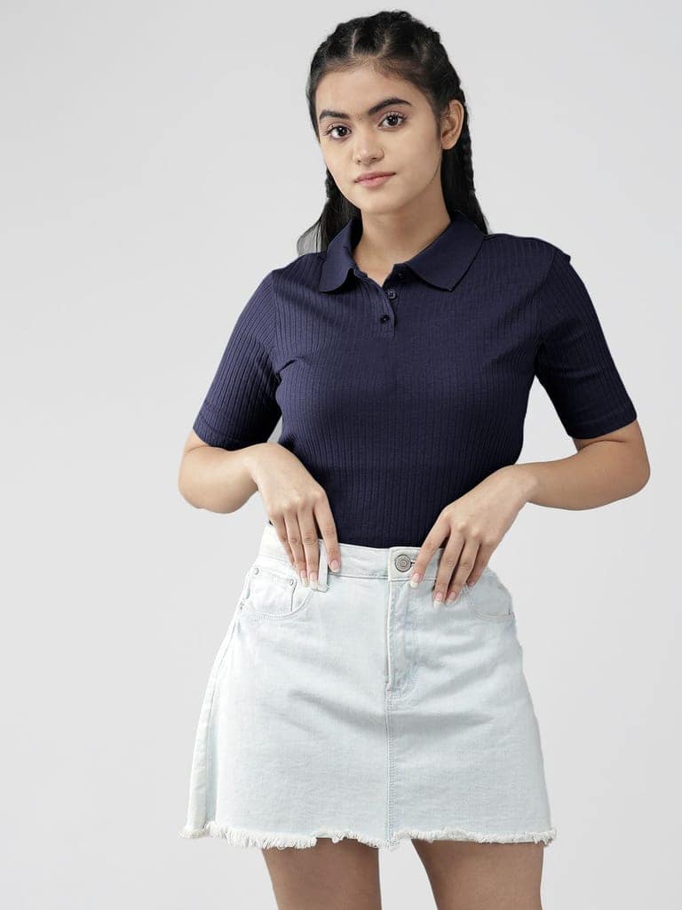 Women Navy Cropped Polo T shirts view 4