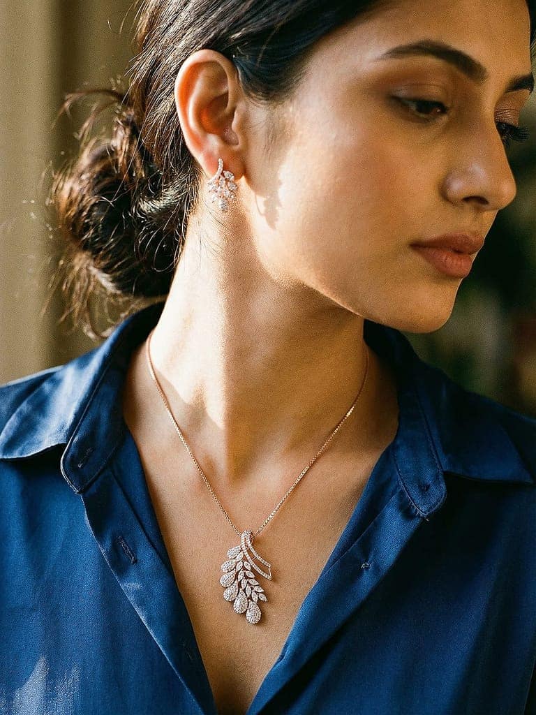 Rose Toned White Zircon Studded Leaf Motif Minimal Pendant Jewellery Set view 2