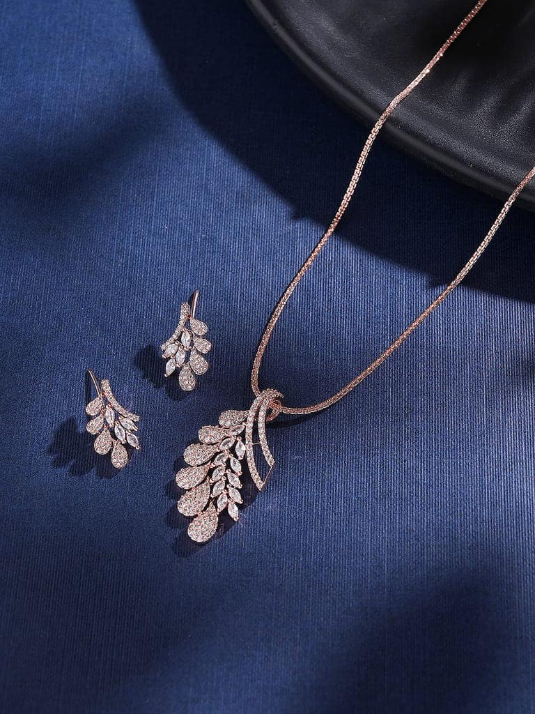 Rose Toned White Zircon Studded Leaf Motif Minimal Pendant Jewellery Set view 4