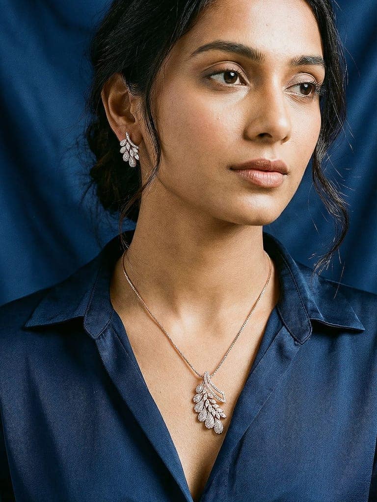 Rose Toned White Zircon Studded Leaf Motif Minimal Pendant Jewellery Set view 5