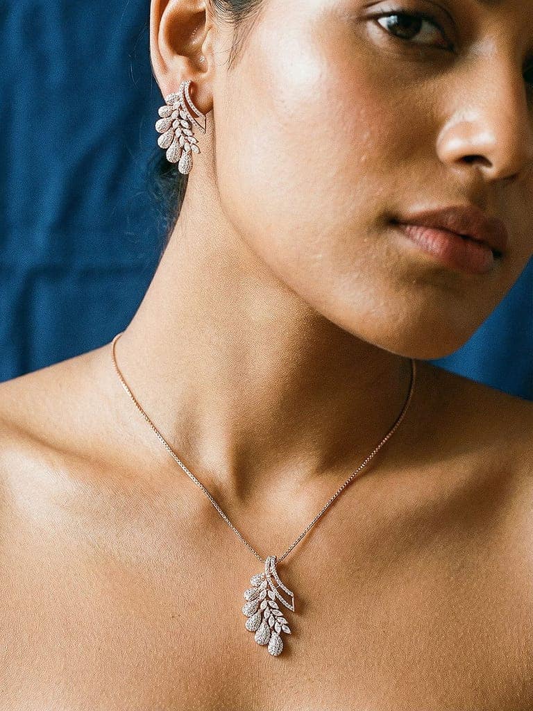 Rose Toned White Zircon Studded Leaf Motif Minimal Pendant Jewellery Set view 6