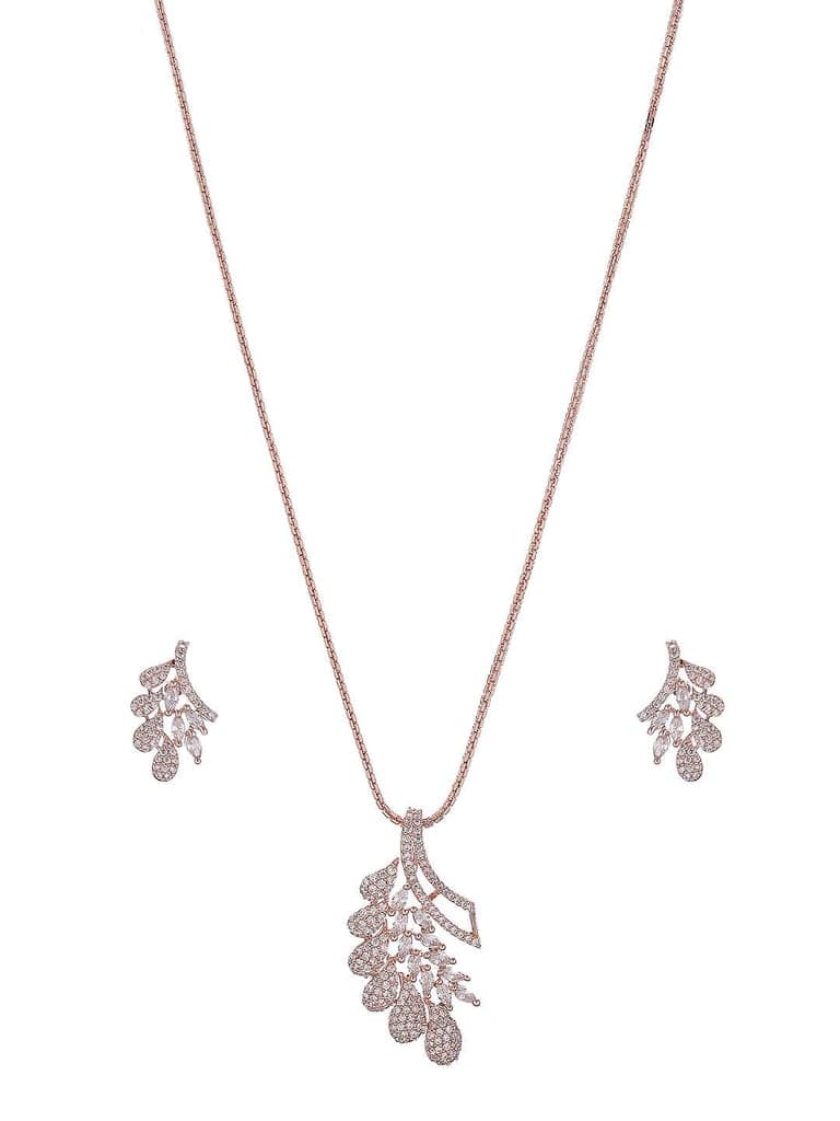 Rose Toned White Zircon Studded Leaf Motif Minimal Pendant Jewellery Set view 7