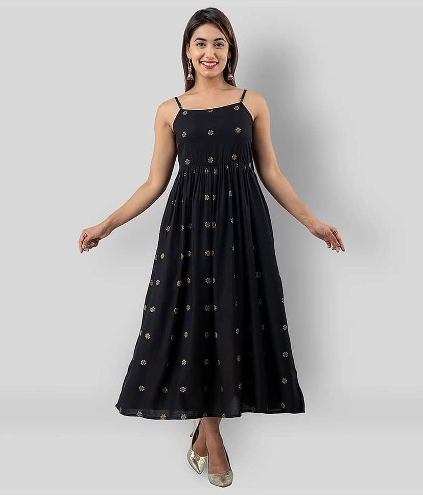 FABRR Women Rayon Printed Fit & Flare Dress ( Black )