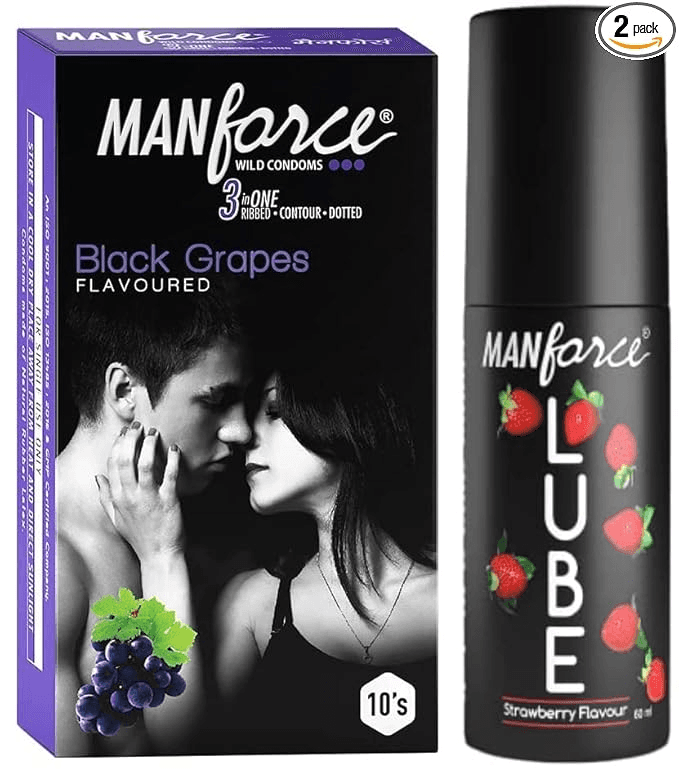 Manforce 3 in 1 (Ribbed Contour Dotted) Wild Black Grapes Flavored Condoms- 10 Sheets & Manforce Lube Lubrication Gel for Men & Women Water-Based Gel Skin-Friendly Strawberry Flavoured 60ml