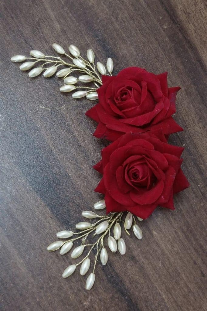 Artificial Rose with Pearl and Crystal Beads Pin view 2