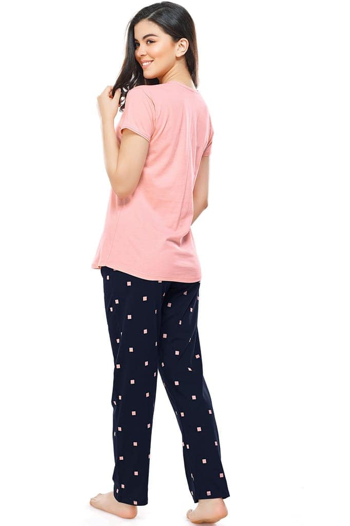 ZEYO Women's Cotton Peach Square Printed Stylish Night suit set view 3
