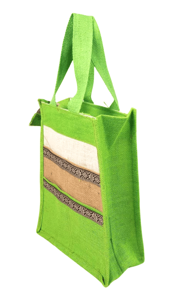 Green Jute Shopping Bag with Color Block Design view 2