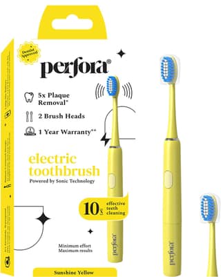 Perfora Electric Toothbrush, 2 Modes, AAA Powered, 2 Brush Heads, 90 Days Battery Life | 1 Year Warranty | Electric Brush, Electric Toothbrush For Men, Women & Kids, 002 - Sunshine Yellow