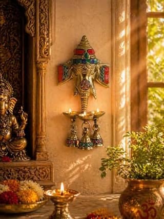 Two Moustaches Gemstone Work Brass Ganesha Wall Hanging Diya with Bells for Home Decor, Brass Hanging Diyas Oil